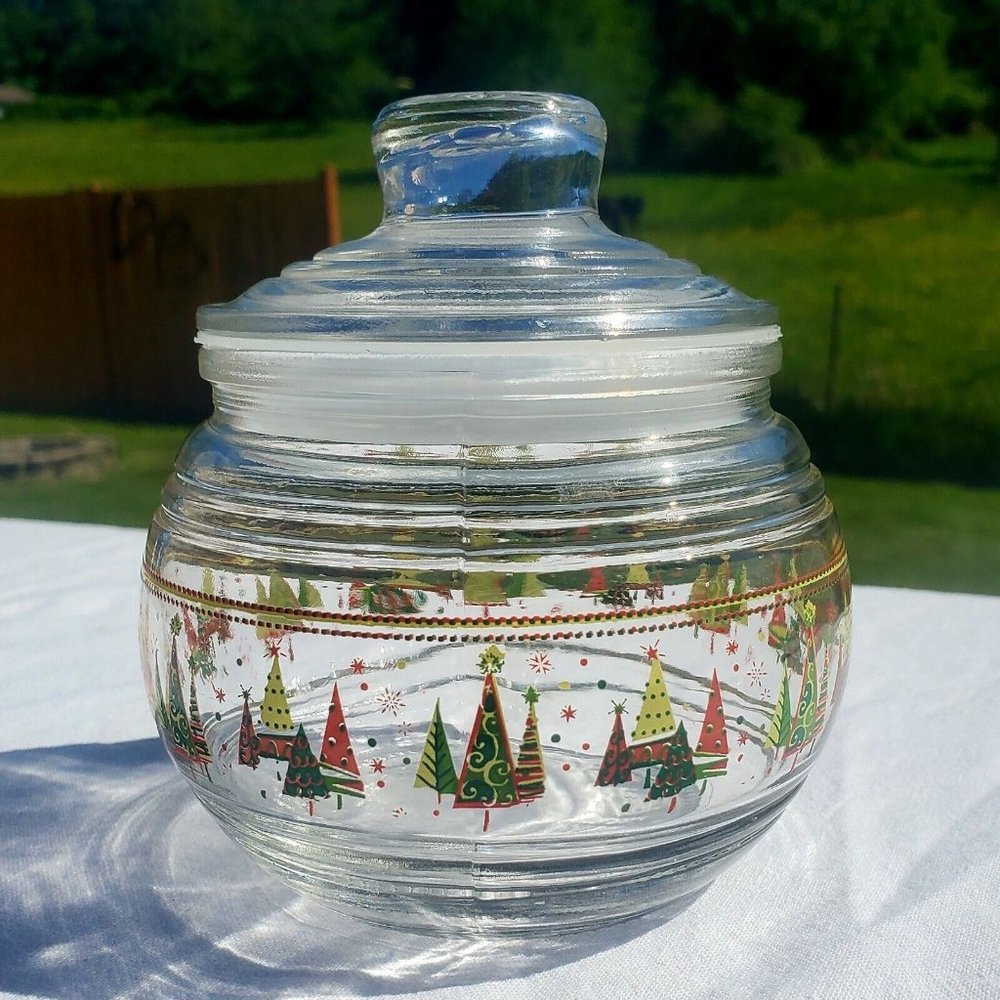 Christmas Glass Candy Lid Jar 4" holiday tree decoration display Xmas nuts flaw